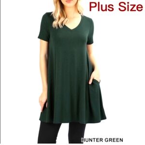 NEW Zenana  Short Sleeve Flared Tunic Plus Sizes 1X 2X Hunter Green